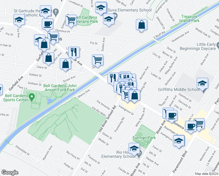 map of restaurants, bars, coffee shops, grocery stores, and more near 7308 Florence Avenue in Downey