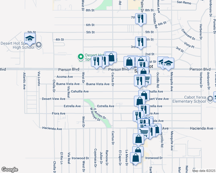 map of restaurants, bars, coffee shops, grocery stores, and more near 66211 Buena Vista Avenue in Desert Hot Springs