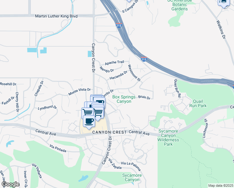 map of restaurants, bars, coffee shops, grocery stores, and more near 5220 Pearblossom Drive in Riverside