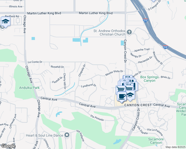 map of restaurants, bars, coffee shops, grocery stores, and more near 1151 Monte Vista Drive in Riverside
