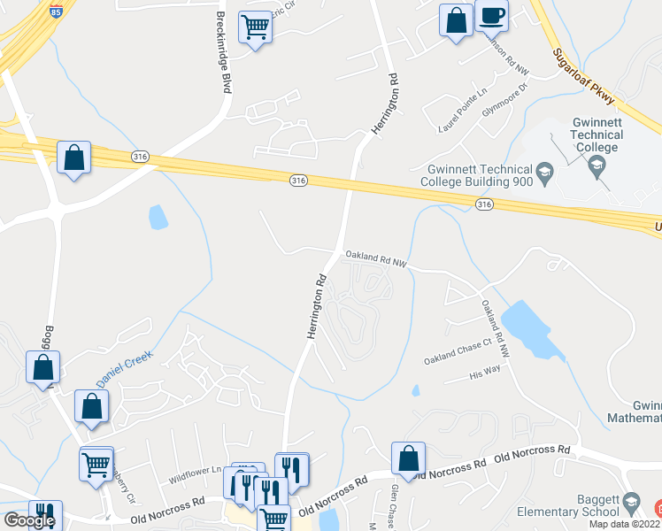 map of restaurants, bars, coffee shops, grocery stores, and more near 1400 Herrington Rd NW in Lawrenceville