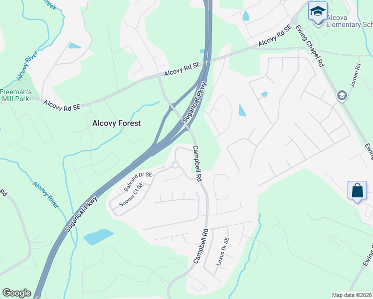 map of restaurants, bars, coffee shops, grocery stores, and more near Rutland Pass Drive Southeast in Lawrenceville