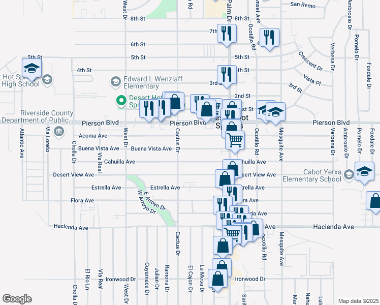 map of restaurants, bars, coffee shops, grocery stores, and more near 66313 Buena Vista Avenue in Desert Hot Springs