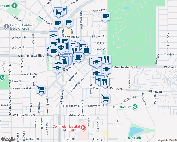 map of restaurants, bars, coffee shops, grocery stores, and more near 656 East Manchester Boulevard in Inglewood