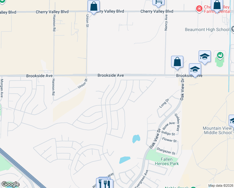 map of restaurants, bars, coffee shops, grocery stores, and more near 1758 Scottsdale Road in Beaumont