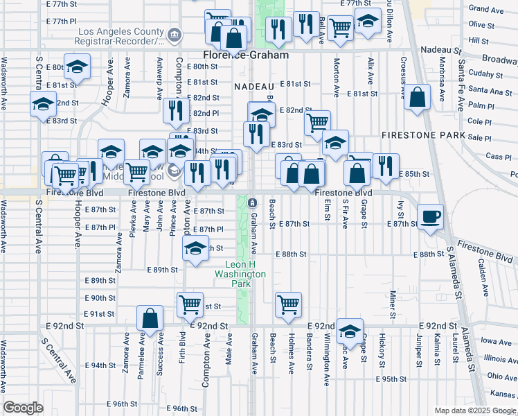 map of restaurants, bars, coffee shops, grocery stores, and more near 8618 Graham Avenue in Los Angeles