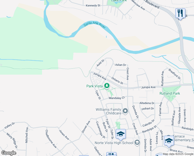 map of restaurants, bars, coffee shops, grocery stores, and more near 10284 Surge Lane in Riverside