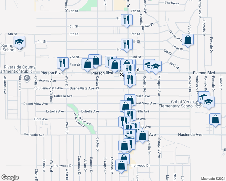 map of restaurants, bars, coffee shops, grocery stores, and more near 66375 Buena Vista Avenue in Desert Hot Springs