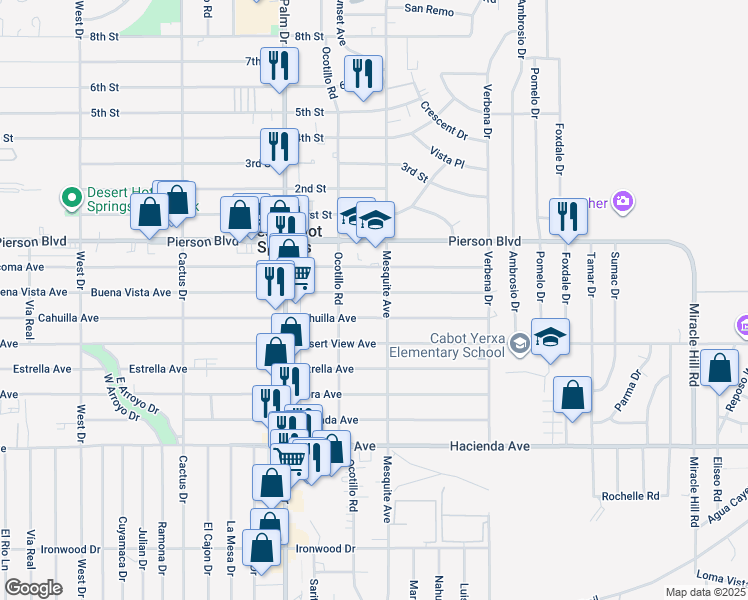map of restaurants, bars, coffee shops, grocery stores, and more near 66717 Buena Vista Avenue in Desert Hot Springs