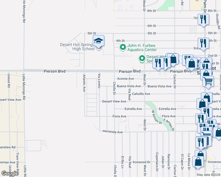 map of restaurants, bars, coffee shops, grocery stores, and more near 65681 Buena Vista Avenue in Desert Hot Springs