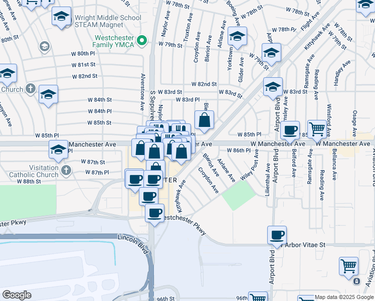 map of restaurants, bars, coffee shops, grocery stores, and more near 6214 West Manchester Avenue in Los Angeles