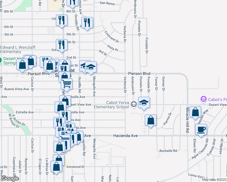 map of restaurants, bars, coffee shops, grocery stores, and more near 66895 Buena Vista Avenue in Desert Hot Springs