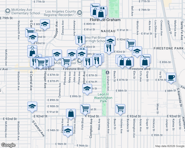 map of restaurants, bars, coffee shops, grocery stores, and more near 1539 East 87th Street in Los Angeles
