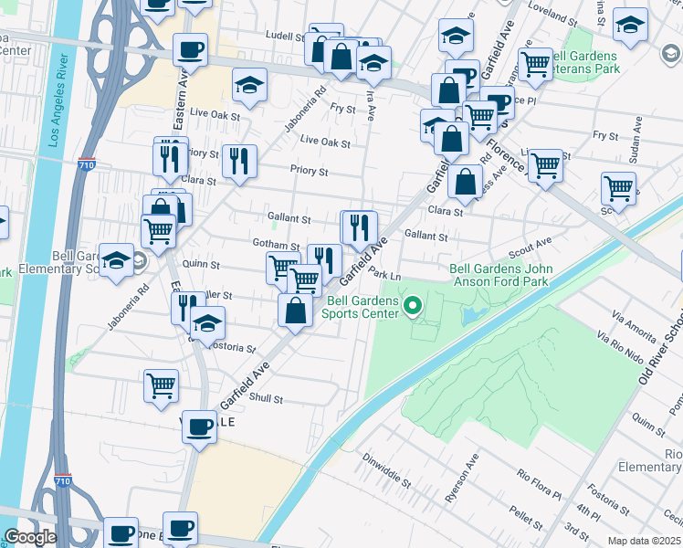map of restaurants, bars, coffee shops, grocery stores, and more near 7933 Garfield Avenue in Bell Gardens