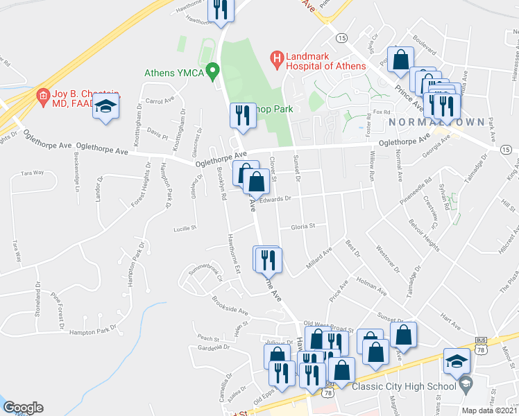 map of restaurants, bars, coffee shops, grocery stores, and more near 320 Clover Street in Athens