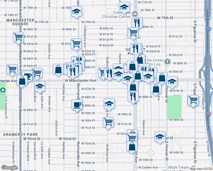 map of restaurants, bars, coffee shops, grocery stores, and more near 1/2 South Budlong Avenue in Los Angeles