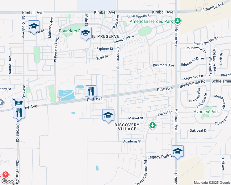 map of restaurants, bars, coffee shops, grocery stores, and more near 16209 Plumeria Lane in Chino