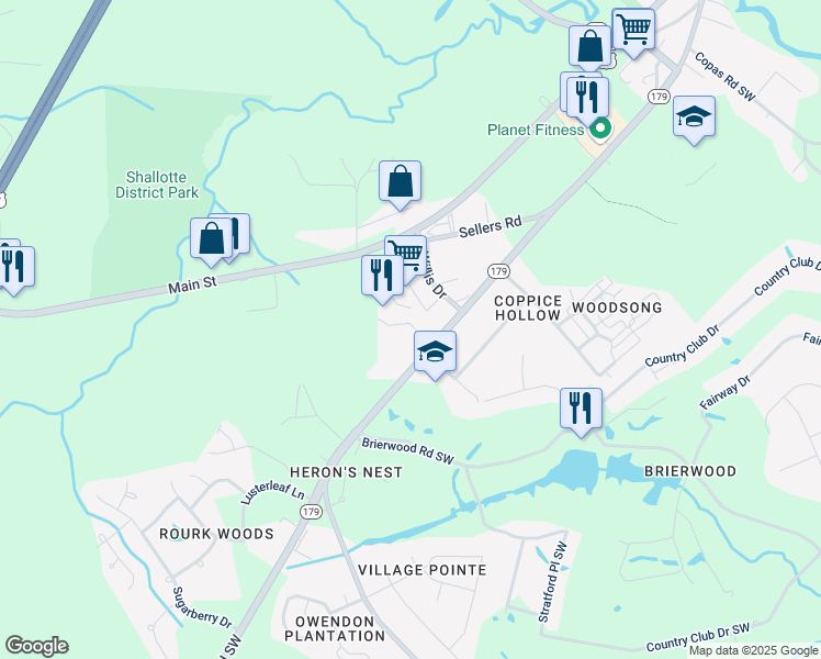 map of restaurants, bars, coffee shops, grocery stores, and more near 301 South Willis Drive in Shallotte