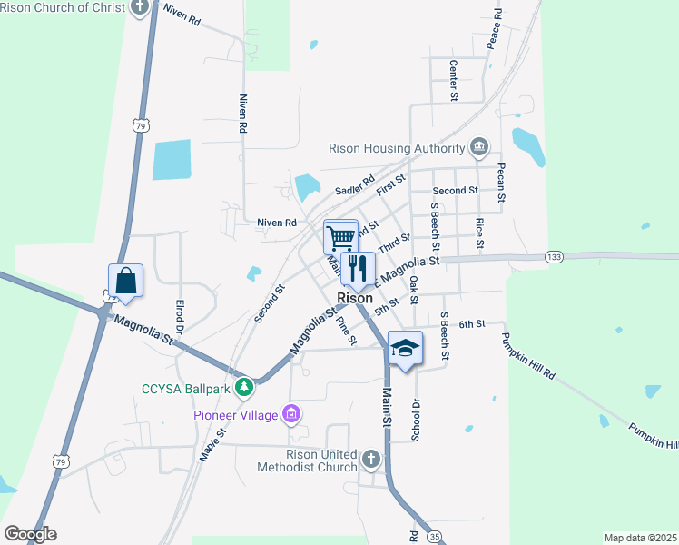 map of restaurants, bars, coffee shops, grocery stores, and more near 216 Main Street in Rison