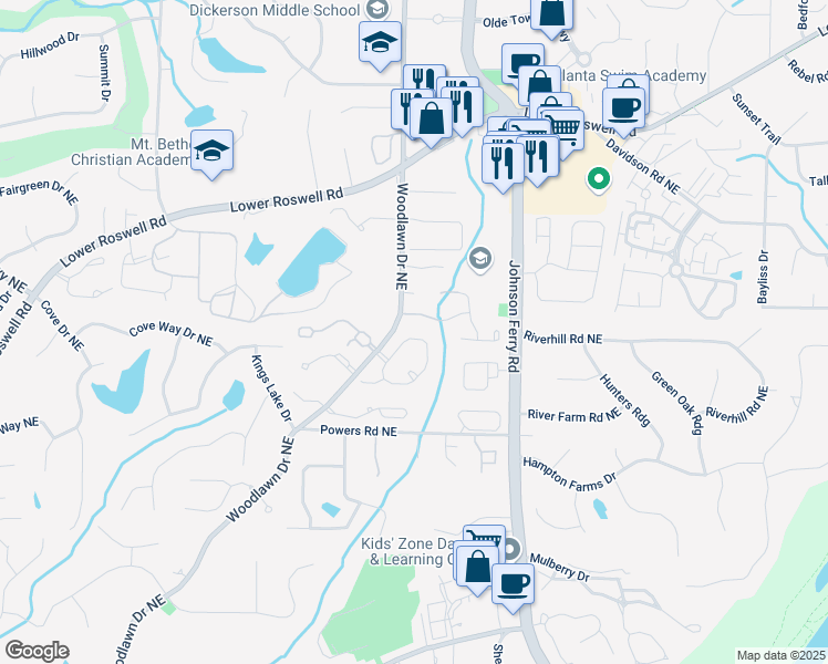 map of restaurants, bars, coffee shops, grocery stores, and more near 350 Declaire Way Northeast in Marietta