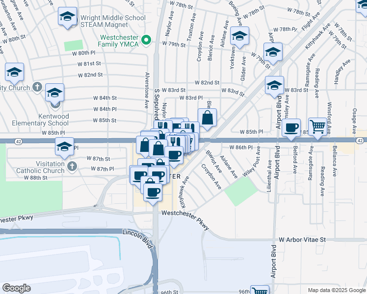 map of restaurants, bars, coffee shops, grocery stores, and more near 8611 Truxton Avenue in Los Angeles