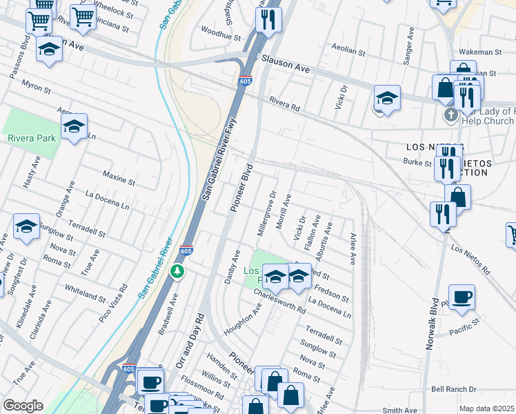 map of restaurants, bars, coffee shops, grocery stores, and more near 9118 Danby Avenue in Santa Fe Springs