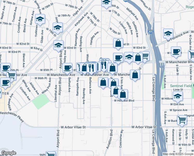 map of restaurants, bars, coffee shops, grocery stores, and more near 5650 West Manchester Avenue in Los Angeles