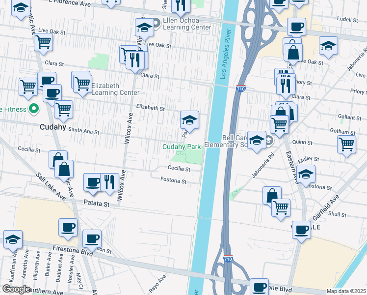map of restaurants, bars, coffee shops, grocery stores, and more near 5240 Santa Ana Street in Cudahy