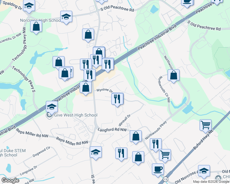 map of restaurants, bars, coffee shops, grocery stores, and more near 3255 Wyntree Drive in Norcross