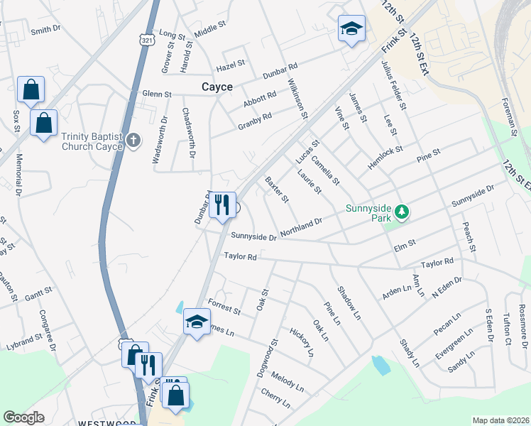 map of restaurants, bars, coffee shops, grocery stores, and more near 2308 Baxter Street in Cayce