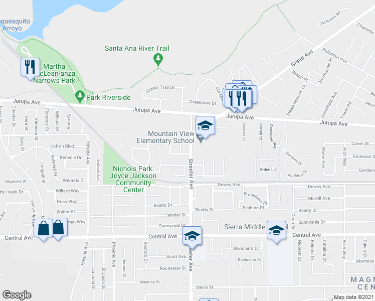 map of restaurants, bars, coffee shops, grocery stores, and more near in Riverside