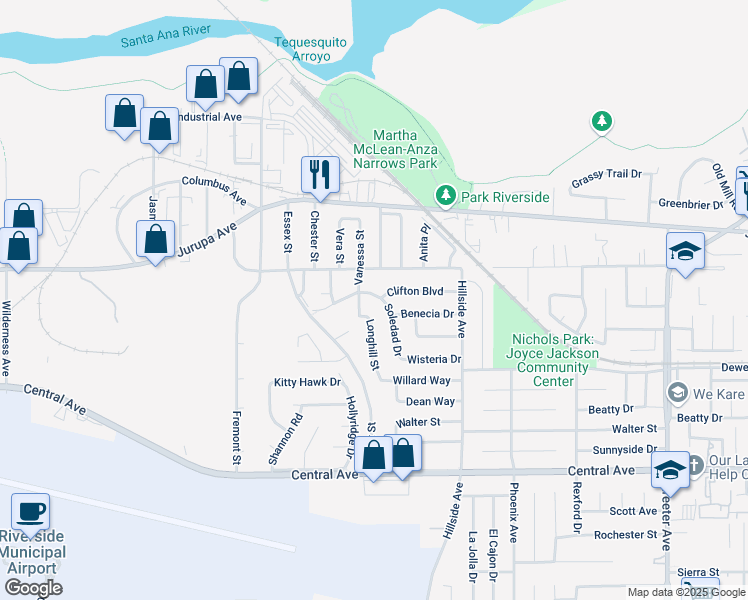 map of restaurants, bars, coffee shops, grocery stores, and more near 5849 Clifton Boulevard in Riverside