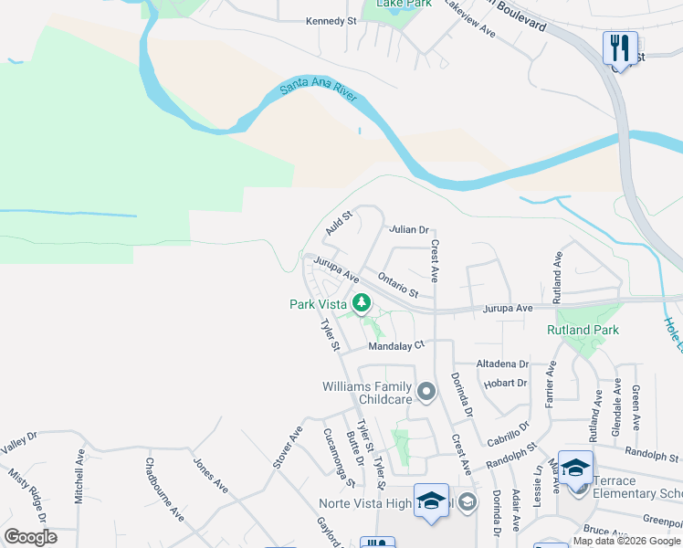 map of restaurants, bars, coffee shops, grocery stores, and more near 10200 Dunn Court in Riverside
