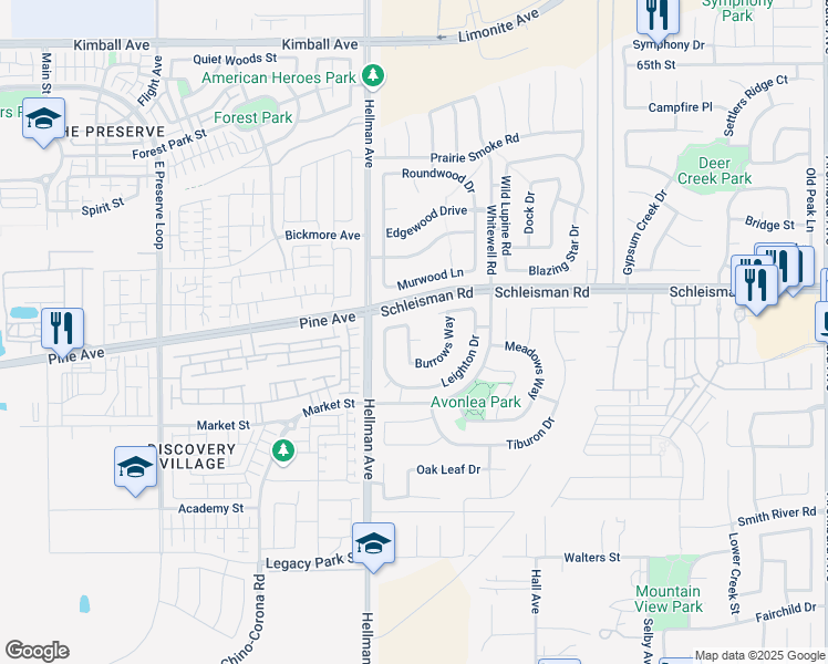 map of restaurants, bars, coffee shops, grocery stores, and more near 7002 Cayuga Way in Corona