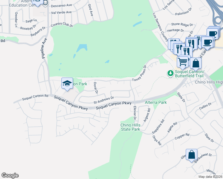 map of restaurants, bars, coffee shops, grocery stores, and more near 4484 Sawgrass Court in Chino Hills