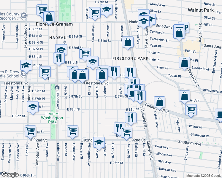 map of restaurants, bars, coffee shops, grocery stores, and more near 2004 Firestone Boulevard in Los Angeles