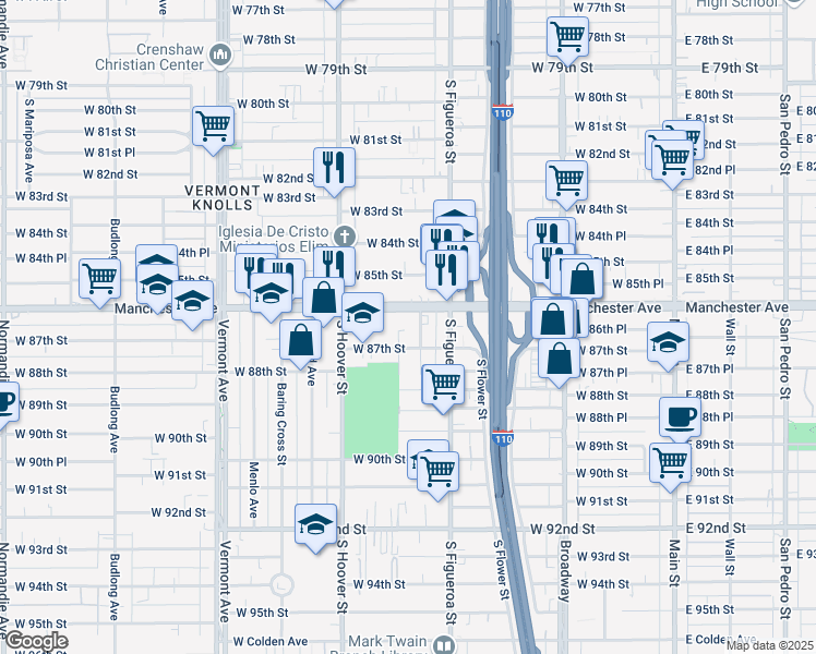 map of restaurants, bars, coffee shops, grocery stores, and more near 529 1/2 West Manchester Avenue in Los Angeles