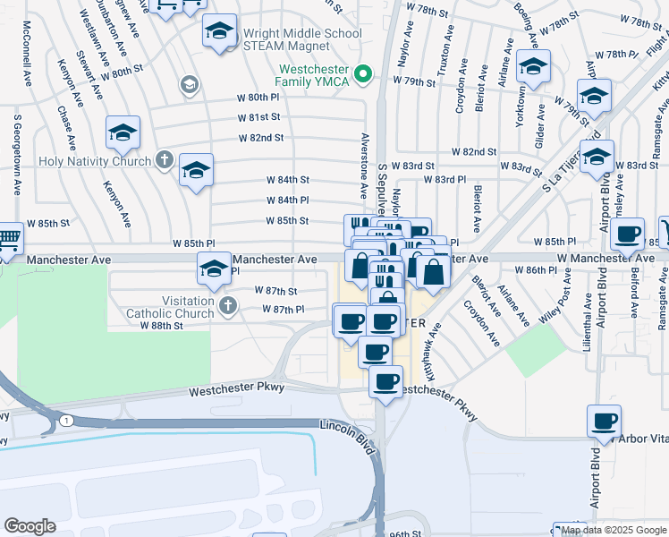 map of restaurants, bars, coffee shops, grocery stores, and more near 6344 West 85th Place in Los Angeles