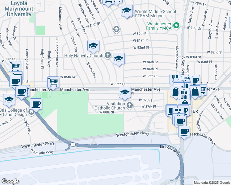 map of restaurants, bars, coffee shops, grocery stores, and more near 6630 West 85th Place in Los Angeles