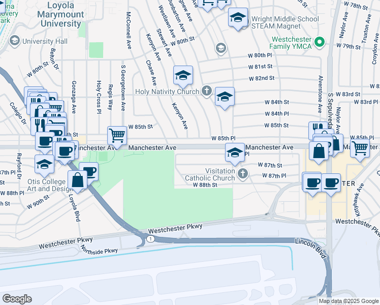 map of restaurants, bars, coffee shops, grocery stores, and more near 6730 West 85th Place in Los Angeles