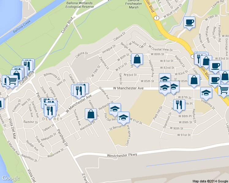 map of restaurants, bars, coffee shops, grocery stores, and more near 7841 West Manchester Avenue in Los Angeles