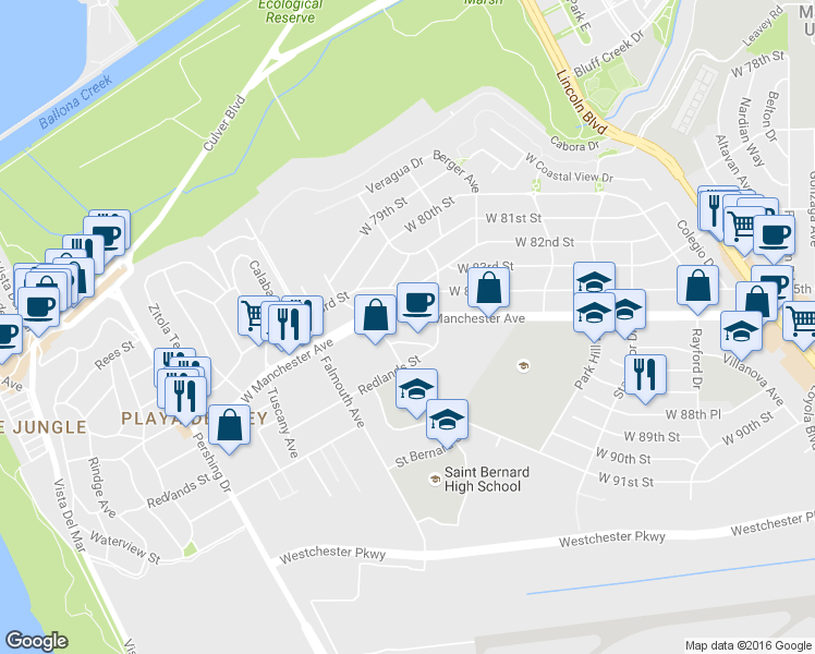 map of restaurants, bars, coffee shops, grocery stores, and more near 7841 West Manchester Avenue in Los Angeles