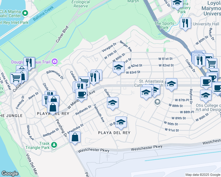 map of restaurants, bars, coffee shops, grocery stores, and more near 7841 West Manchester Avenue in Los Angeles