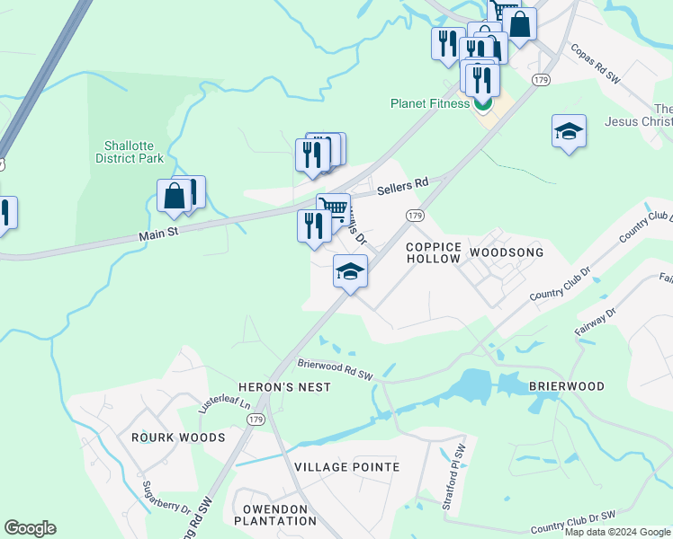 map of restaurants, bars, coffee shops, grocery stores, and more near 301 South Willis Drive in Shallotte