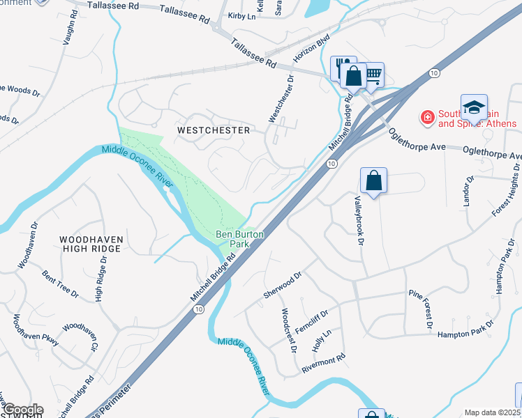 map of restaurants, bars, coffee shops, grocery stores, and more near 109 Westchester Circle in Athens