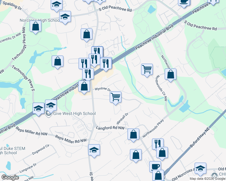 map of restaurants, bars, coffee shops, grocery stores, and more near 3255 Wyntree Drive in Norcross