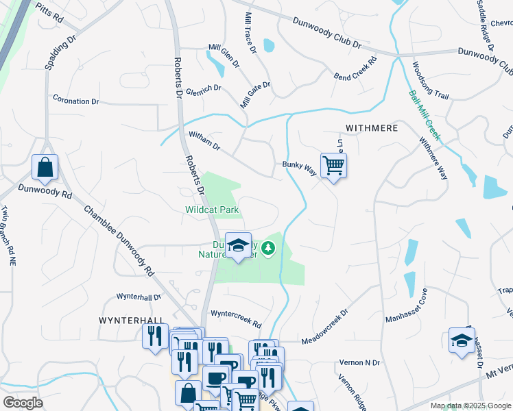 map of restaurants, bars, coffee shops, grocery stores, and more near 1450 Holly Bank Circle in Dunwoody