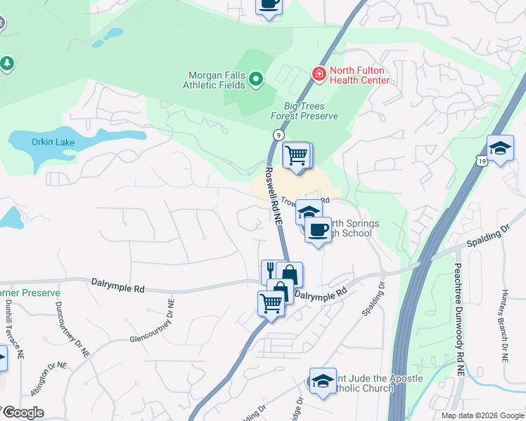 map of restaurants, bars, coffee shops, grocery stores, and more near in Sandy Springs
