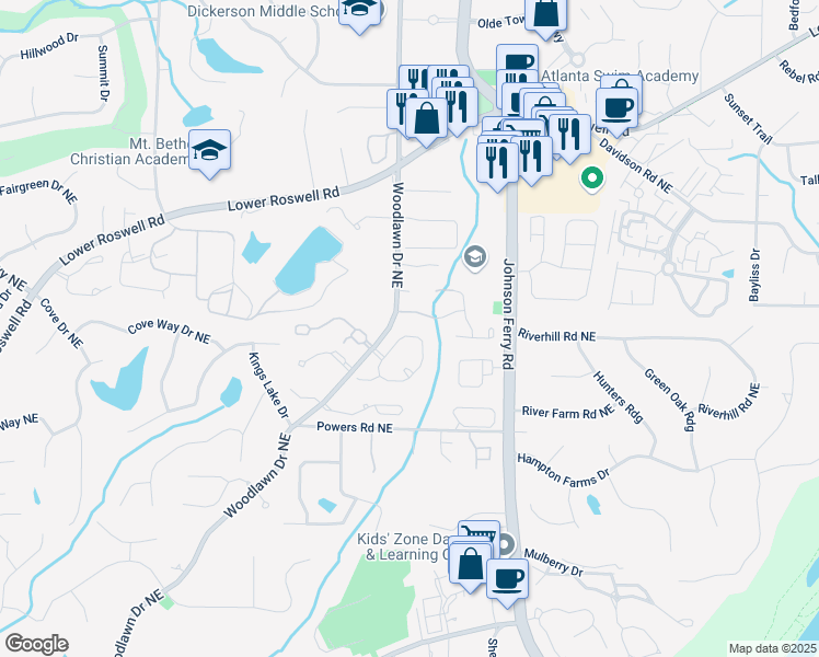 map of restaurants, bars, coffee shops, grocery stores, and more near 350 Declaire Way Northeast in Marietta