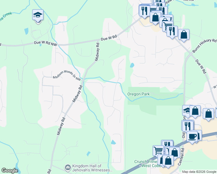 map of restaurants, bars, coffee shops, grocery stores, and more near 4195 Bristlecone Court Northwest in Marietta